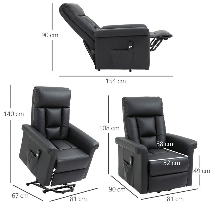 MCL Power Lift Chair Armchair for the Elderly, PU Leather Recliner Chair with Extended Footrest, Remote Control and Side Pocket, Black