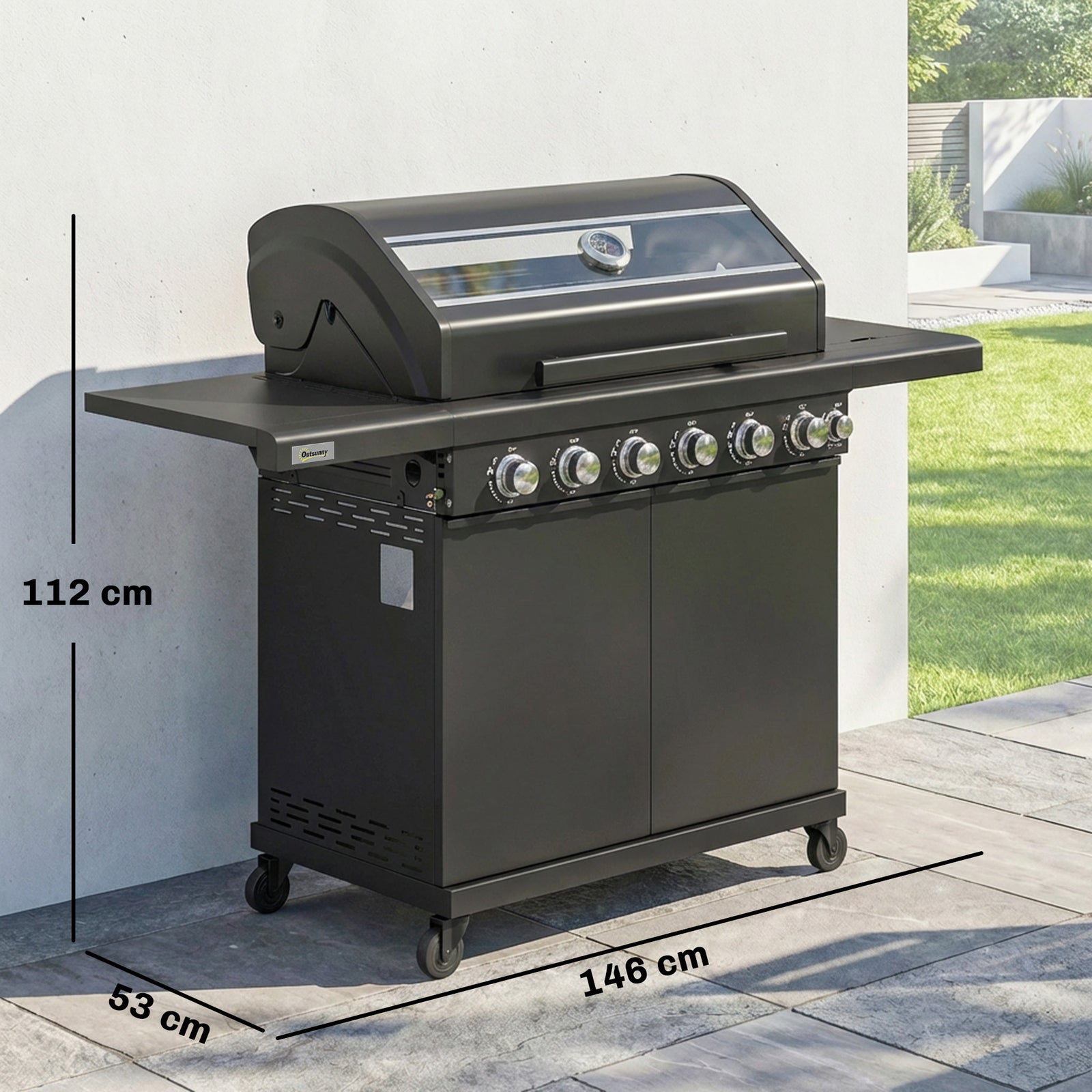 6+1 Burner Gas BBQ Grill, Outdoor Barbecue Trolley with Wheels, Warmin