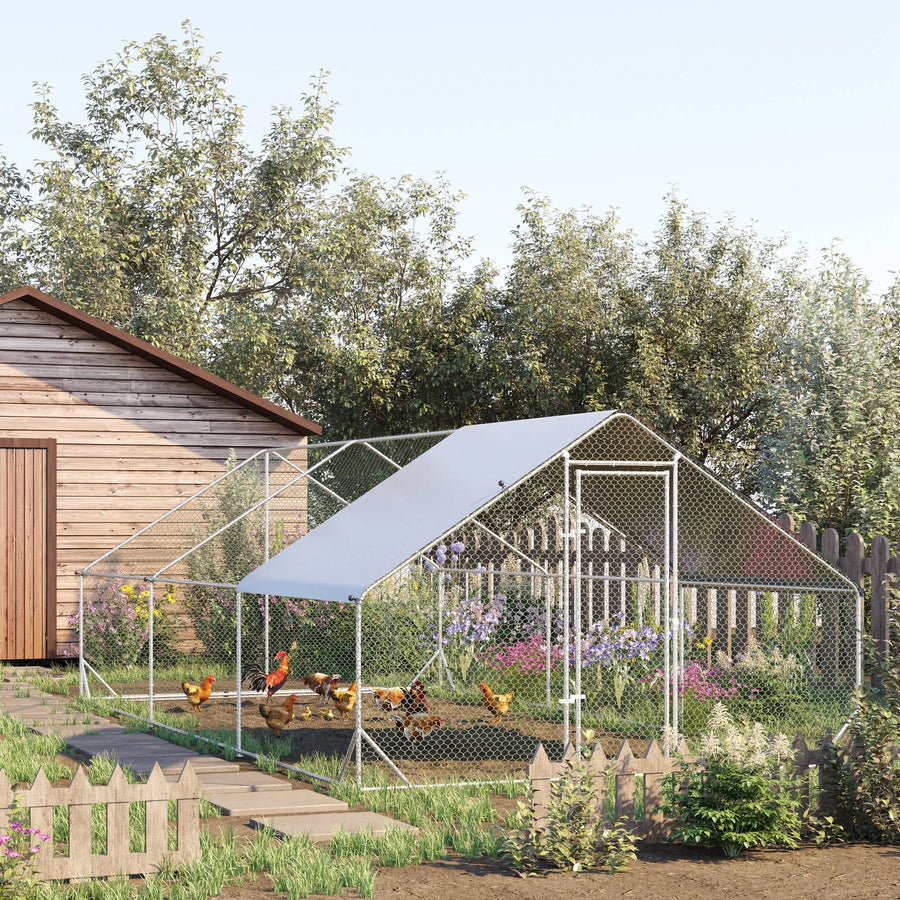 Large Hen Coop, Galvanised Walk In Chicken Run with Cover, 6 x 3 x 2m, Silver