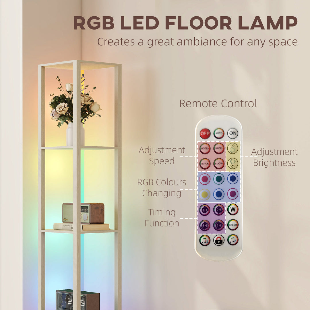 RGB LED Floor Lamp with Shelves, Modern Dimmable Standing Lamp with Remote Control, Adjustable Brightness & Speed for Living Room, Bedroom, Office, Oak