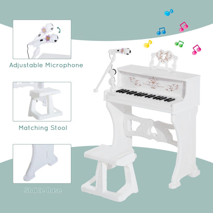 37 Keys Kids Piano Mini Electronic Keyboard Light Kids Musical Instrument Educational Game Children Grand Piano Toy Set w/Stool & Microphone & Music Stand (White)