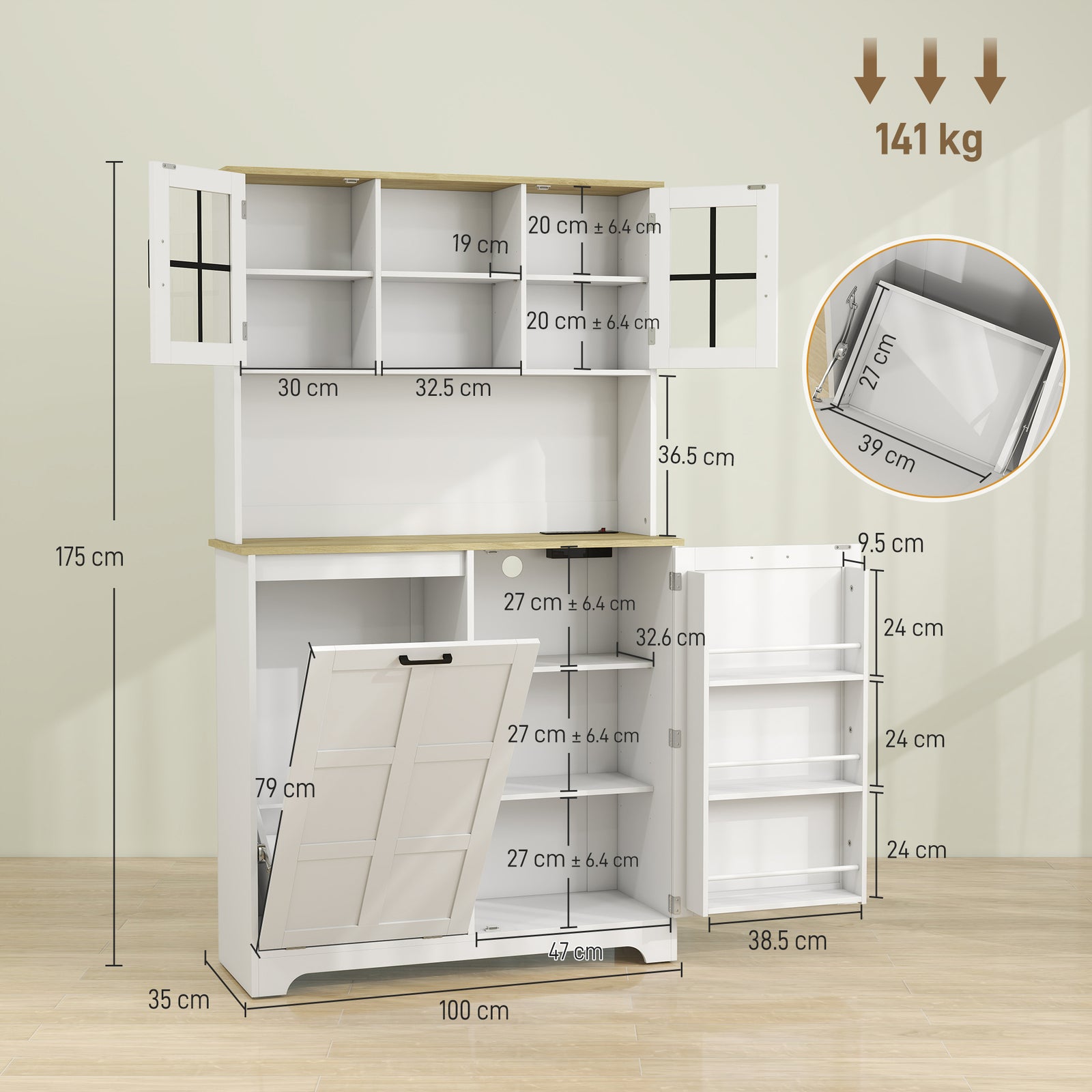 175cm Tall Kitchen Cabinet, Kitchen Cupboard with Rubbish Bin Cabinet,