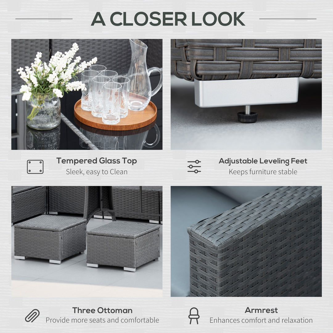 MCL 9-Seater Garden Rattan Furniture 10 Pcs Rattan Corner Dining Sofa Set, Grey/Dusty Blue Cushion