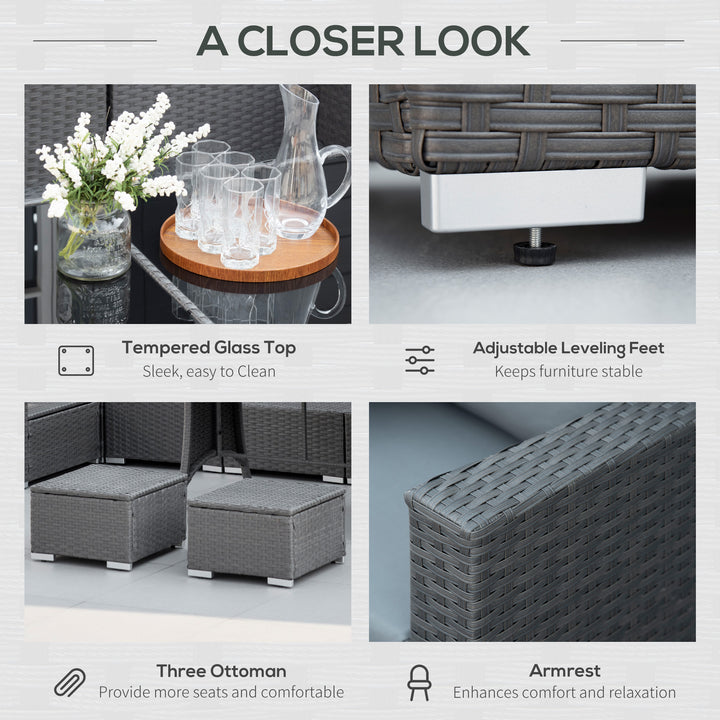 MCL 9-Seater Garden Rattan Furniture 10 Pcs Rattan Corner Dining Sofa Set, Grey/Dusty Blue Cushion