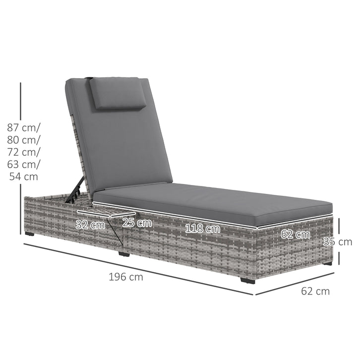 Outdoor Patio PE Rattan Lounger with Cushion, 5-Level Reclining Wicker Rattan Sun Lounger with Tea Tray, for Poolside, Patio, Deck, 120kg Weight Capacity, Grey
