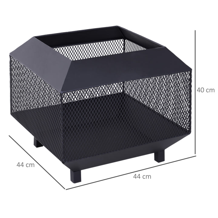 Outsunny Outdoor Square Fire Pit, Metal Mesh Firepit with Lid, Log Grate, Poker, Ideal for Backyard, Camping, Wood Burning, 44x44x40cm, Black.