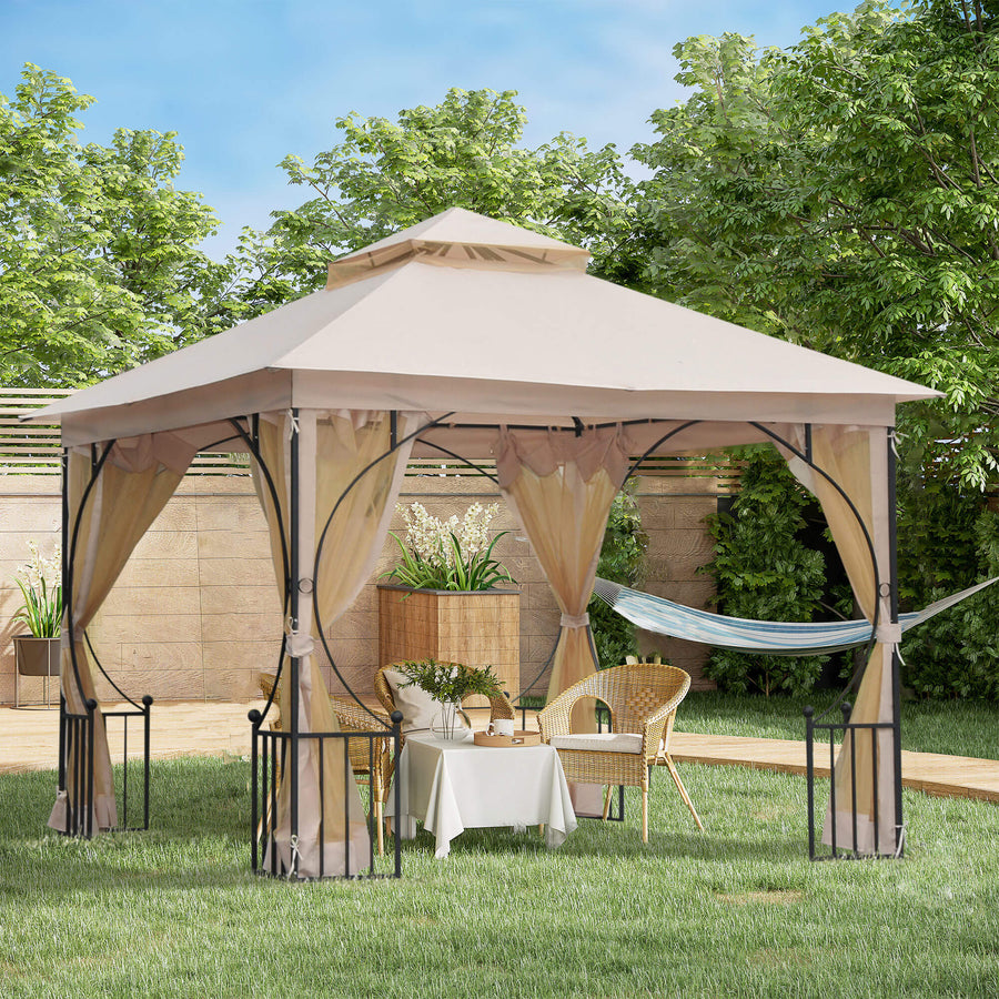 3 x 3(m) Garden Gazebo Patio Party Tent Shelter Outdoor Canopy Double Tier Sun Shade Metal Frame Netting, Beige