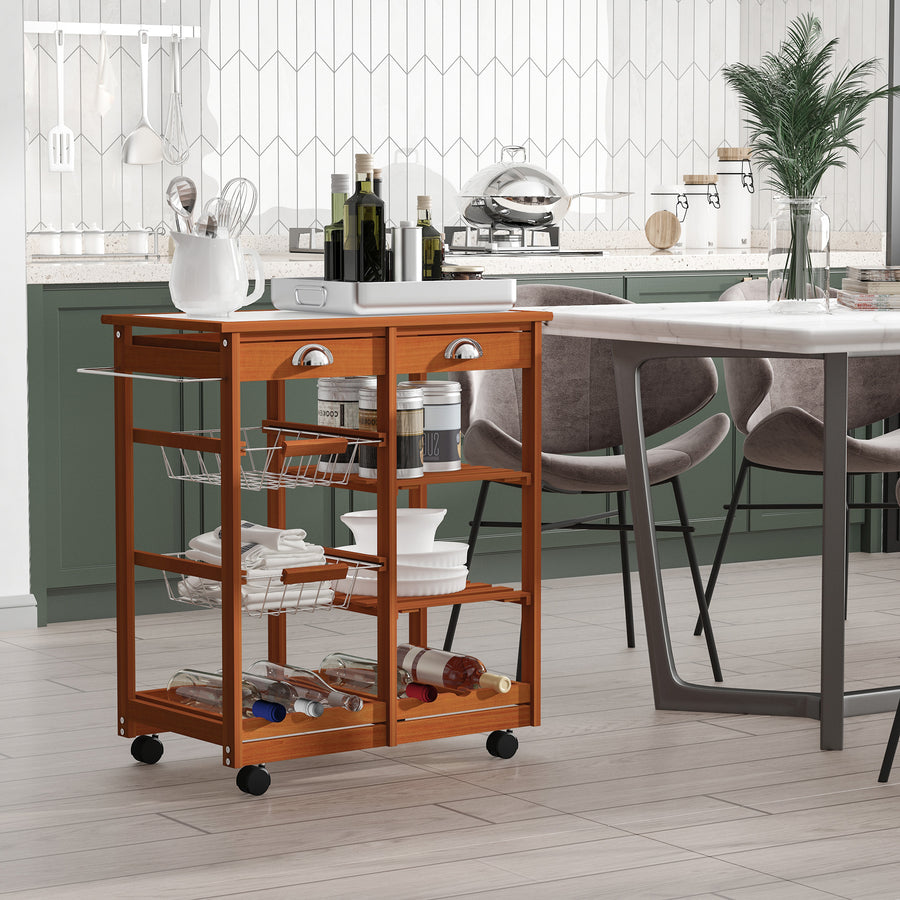Rolling Kitchen Island Trolley Cart Drawer Shelves Basket Wheels W/ 6 Bottle Wine Rack, Honey Colour