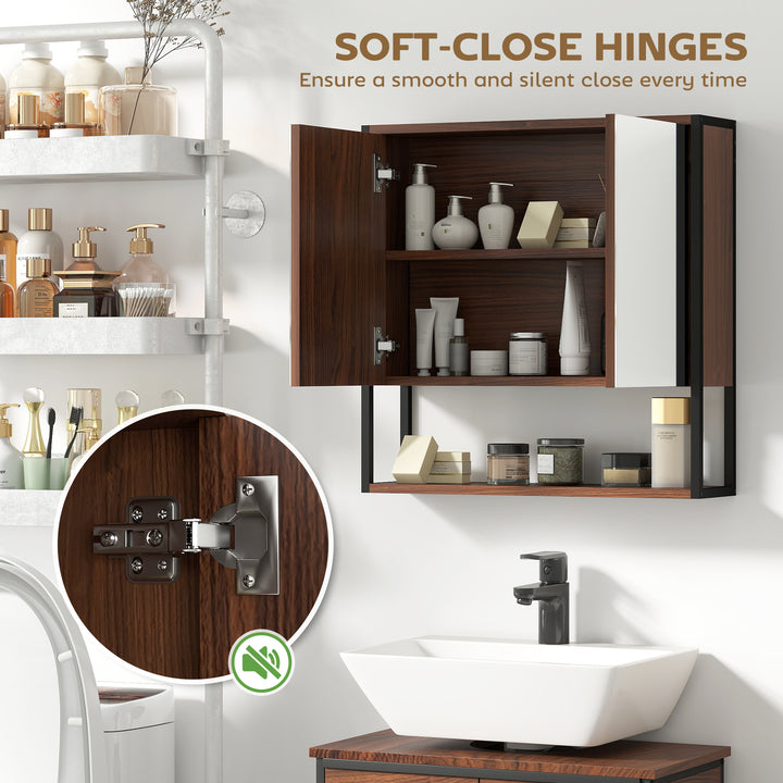 Bathroom Mirror Cabinet with Soft-Close Doors and Adjustable Shelf - Natural Wood Finish