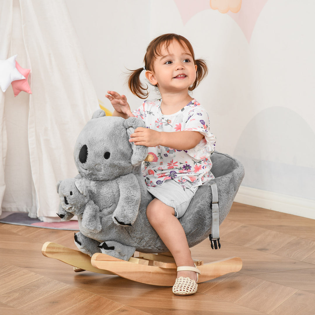 MCL Kids Toddler Rocking Horse Plush Ride On Koala Rocker Wooden Base Seat Safety Belt w/ Gloved Doll Toy for 18-36 Months Grey