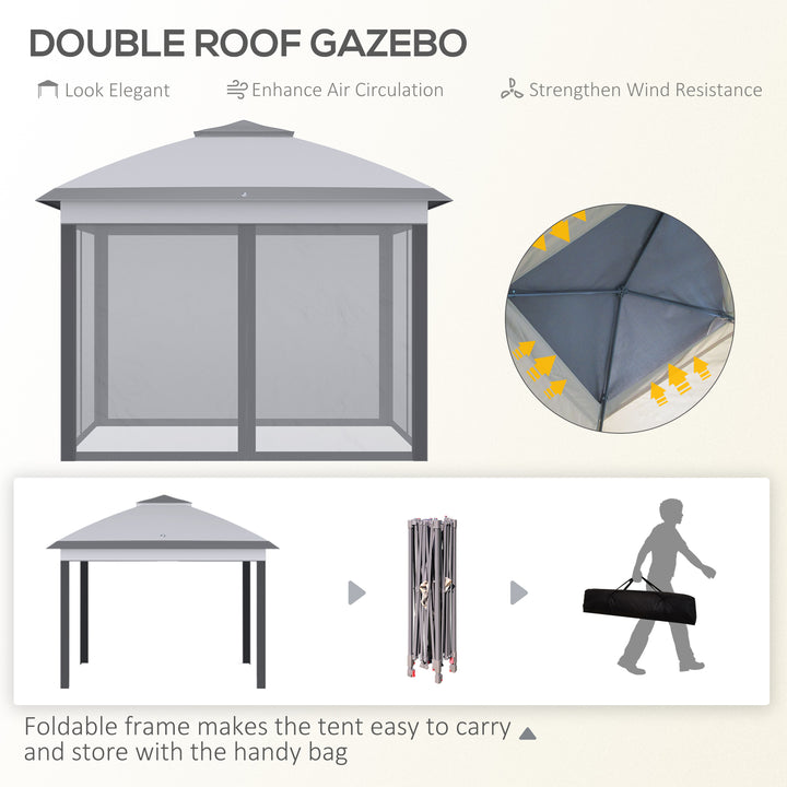 3.3 x 3.3m Pop Up Gazebo, Double Roof Foldable Canopy Tent with Zipped Mesh Sidewalls, Height Adjustable and Carrying Bag, Event Tent for Patio Garden, Grey