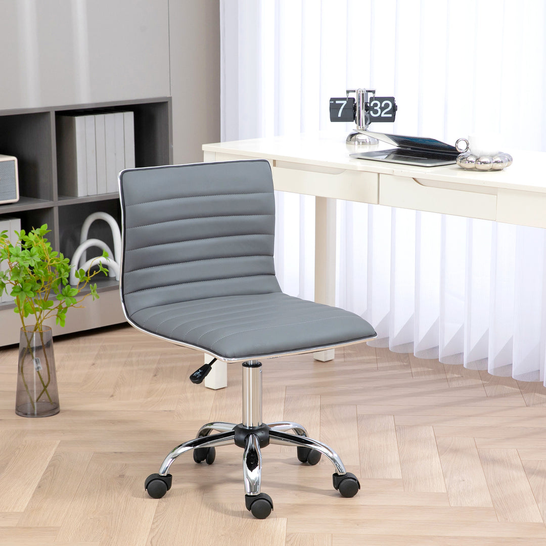 Armless Task Desk Chair, Swivel Office Chair with Faux Leather, Adjustable Seat Height, Chrome Base, Wheels for Home, Light Grey