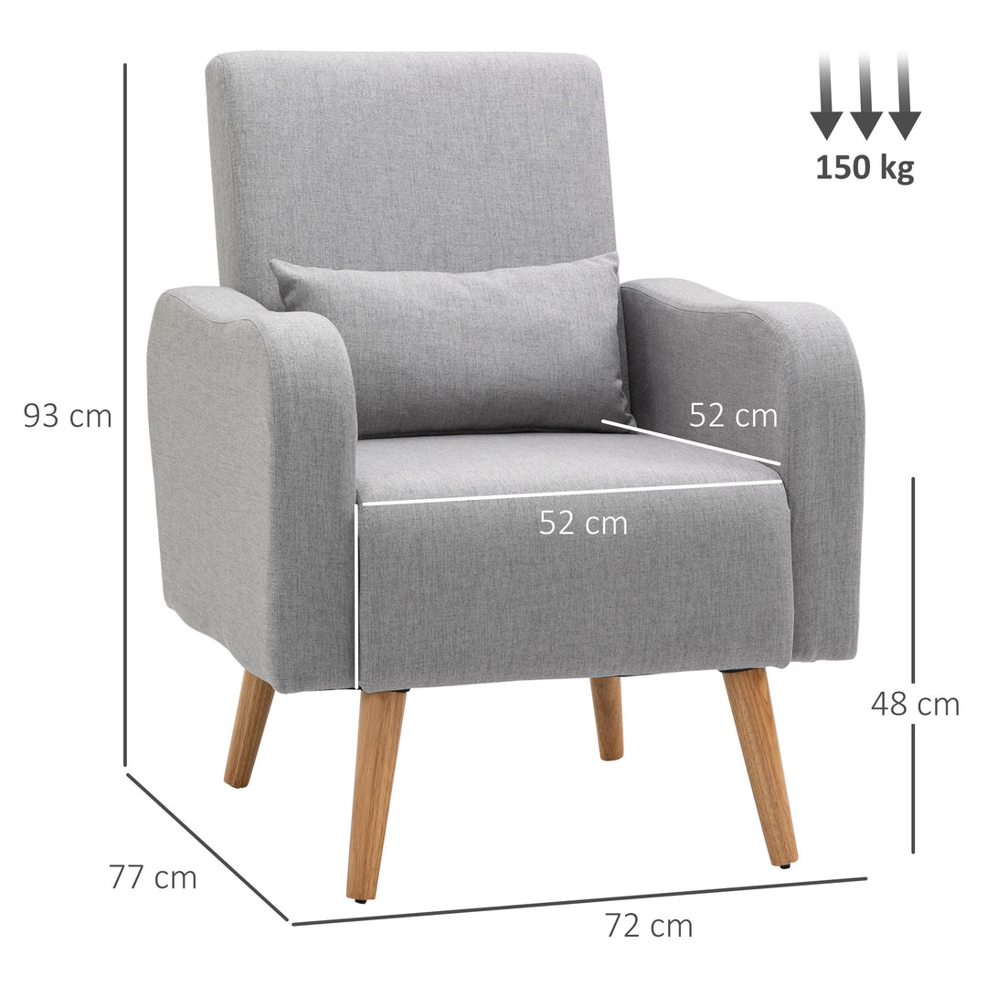 Accent Chair, Linen-Touch Armchair with Pillow, Upholstered Leisure Lounge Sofa for Living Room, Club Chair with Rubber Wooden Frame, Grey