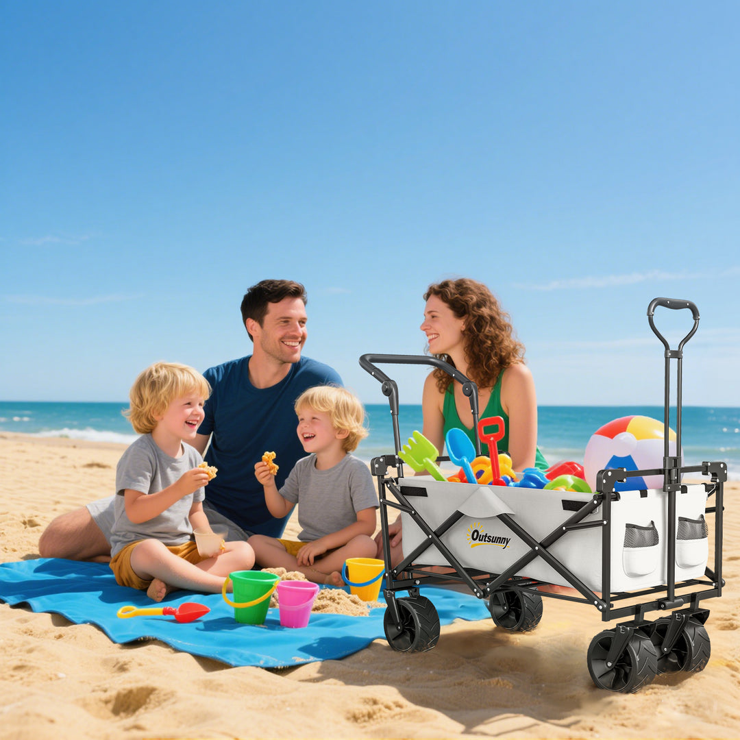 Folding Trolley Cart Storage Wagon Beach Trailer 4 Wheels with Handle Overhead Canopy Cart Push Pull for Camping, Grey