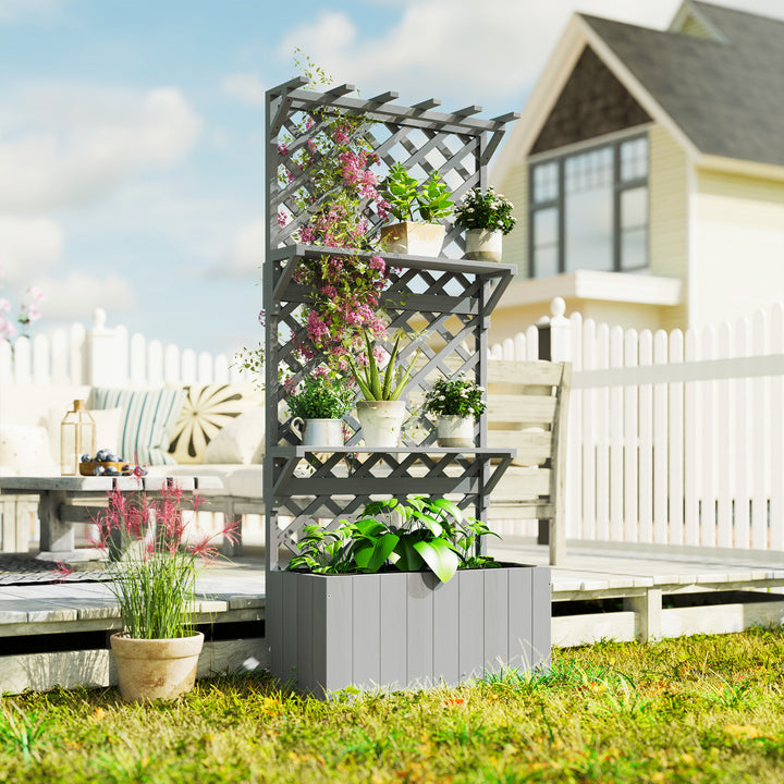 52L Wooden Planter, with Trellis and Shelves - Natural Finish