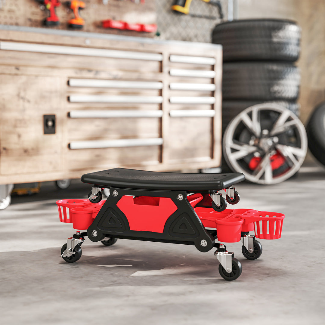 Rolling Mechanic Stool, 135kg Capacity Workshop Stool with 360° Swivel Wheels, Roller Creeper Seat with Slide Out Tool Trays, Drawer, Bottle Holders for Garage, Shop, Auto Repair, Red