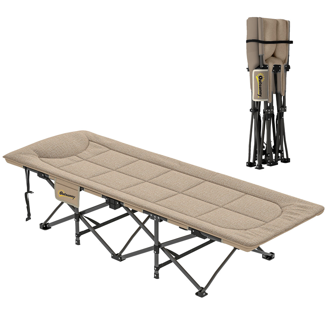 Folding Camping Bed for Adults with Cushion, Heavy Duty Portable Travel Camping Cot with Headrest, Side Pocket and Non-Slip Foot Pads for Outdoor Beach Travel Office, Khaki
