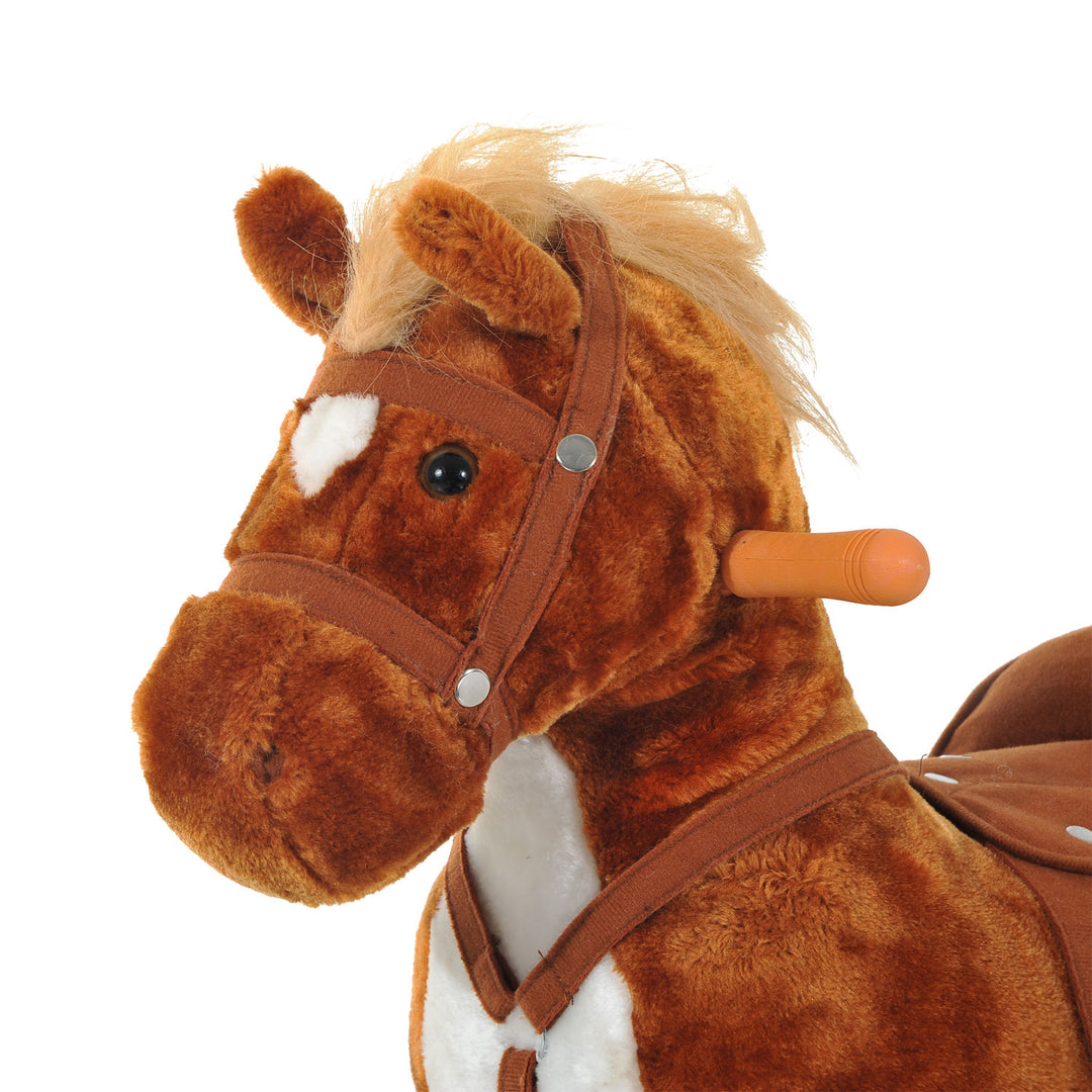 HOMCOM Plush Rocking Horse: Wooden Action Pony with Wheeled Walking, Riding & Sound, Brown | Aosom UK