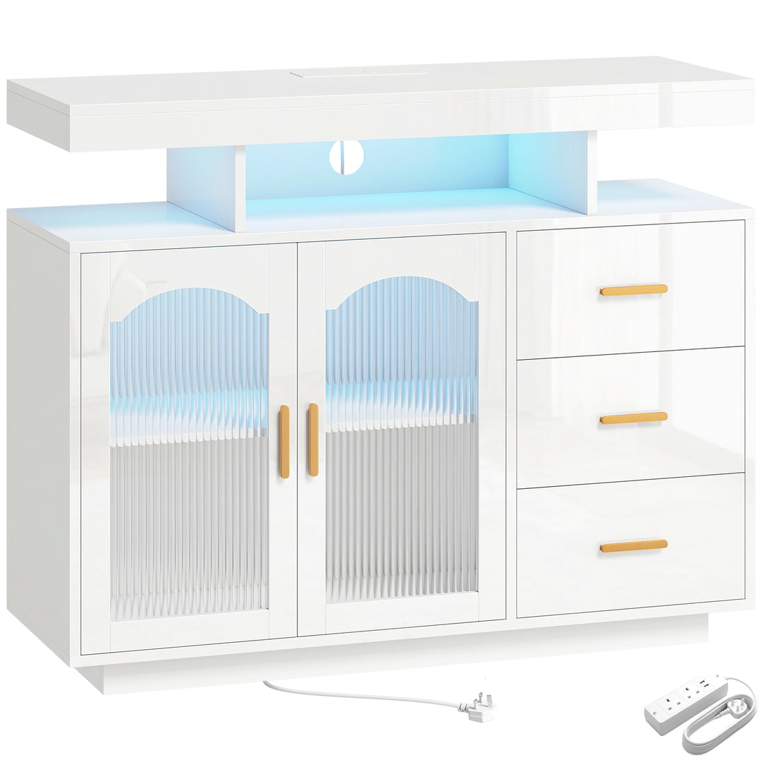 High Gloss Sideboard with LED Lights, Built-in Power Outlets, 3 Drawer