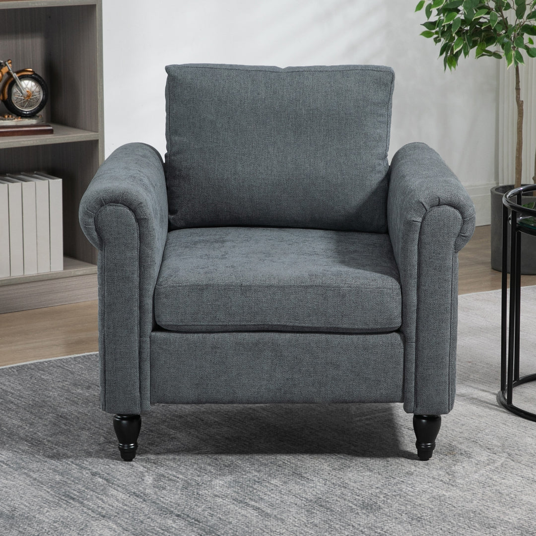Vintage Accent Chair, Upholstered Occasional Chair with Back Pillow, Rolled Arms, Rubber Wood Legs, Grey