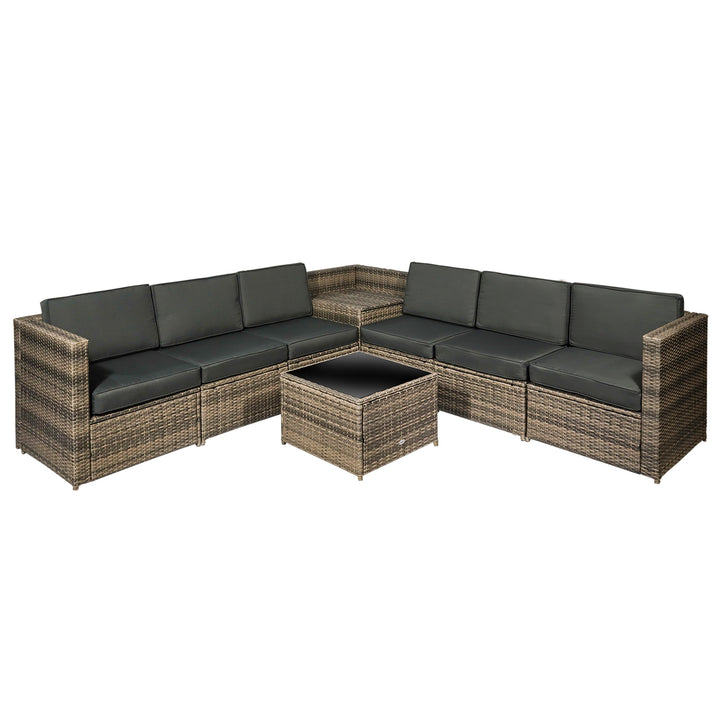 MCL 8 Pieces Outdoor PE Rattan Sofa Set with Cushions, Patio Garden Furniture Sets with Glass Top Coffee Table, Storage Corner Table, Mixed Brown