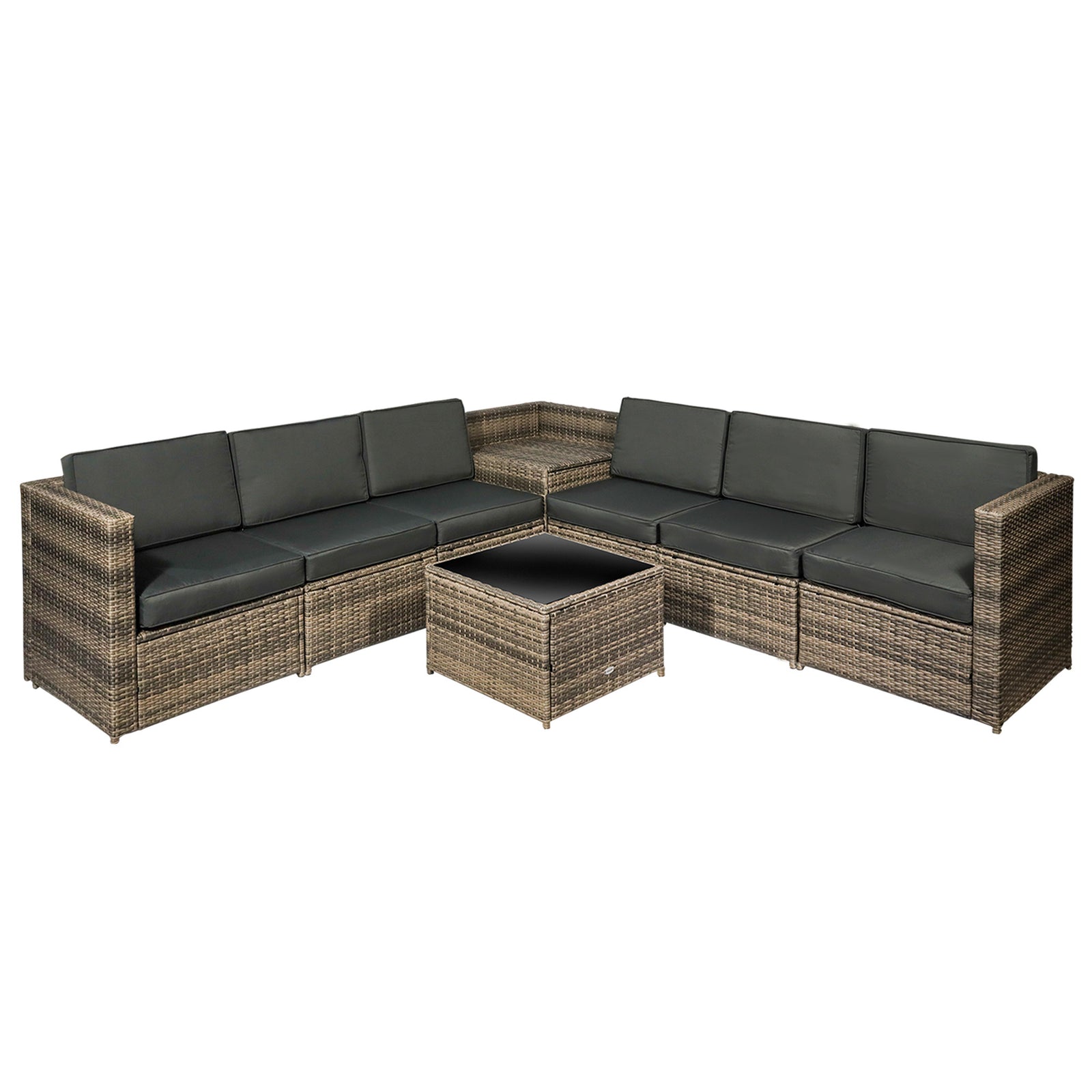 8 Pieces Outdoor PE Rattan Sofa Set with Cushions, Patio Garden Furniture Sets with Glass Top Coffee Table, Storage Corner Table, Mixed Brown