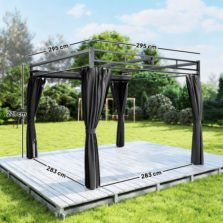 3 x 3 m Pergola with Retractable Roof Canopy and Curtains, UPF30+ Metal Frame Garden Pergola Gazebo Sun Shade