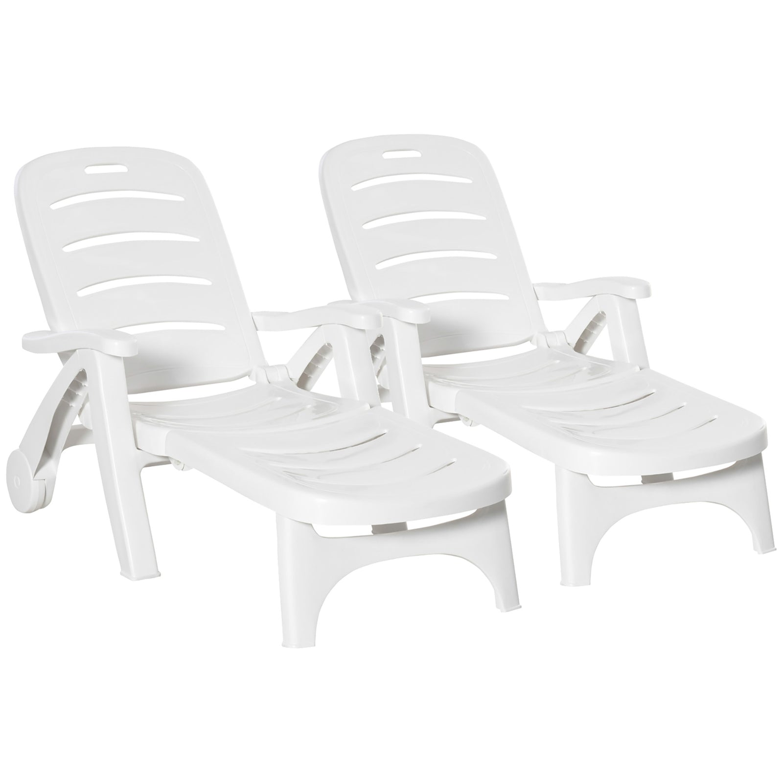 2PCs Outdoor Folding Sun Lounger Recliner on Wheels w/ 5-Position Backrest, White