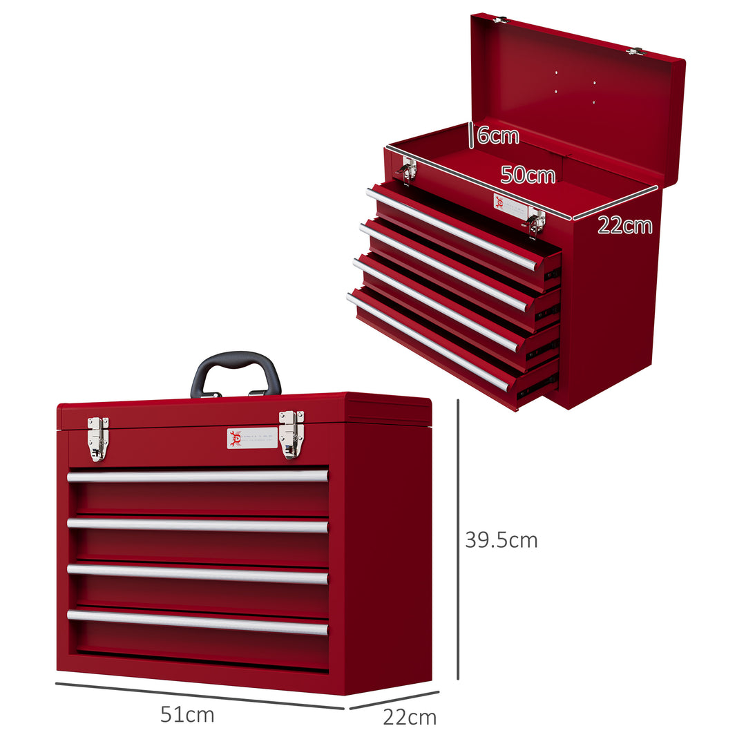 Lockable Metal Tool Box, 4 Drawer Tool Chest with Latches, Handle, Ball Bearing Runners, Red