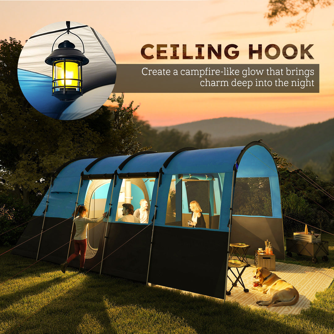 8-Person Camping Tent, Waterproof Family Tent, Tunnel Design, 4 Large Windows, Sleeping Cabins 3000mm Water Column Blue