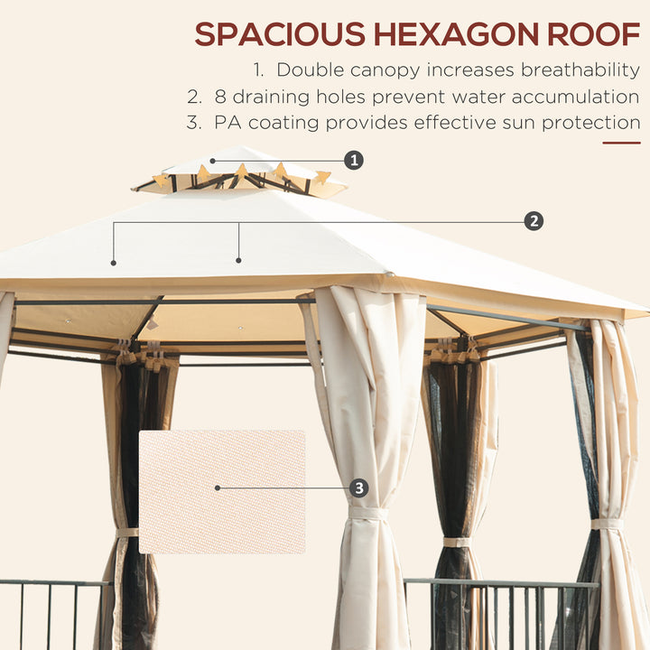 3 x 3 Hexagon Gazebo Patio Canopy Party Tent Outdoor Garden Shelter with 2 Tier Roof and Side Panel, Beige
