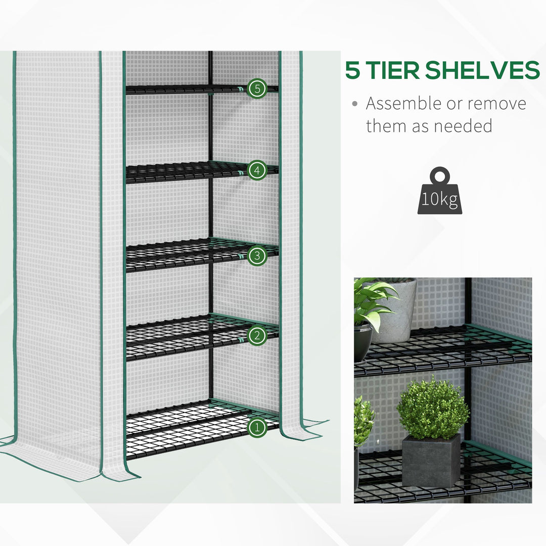 5 Tier Widened Mini Greenhouse with Reinforced PE Cover, Portable Indoor Outdoor Green House with Roll-up Door and Wire Shelves, 193H x 90W x 49Dcm, White