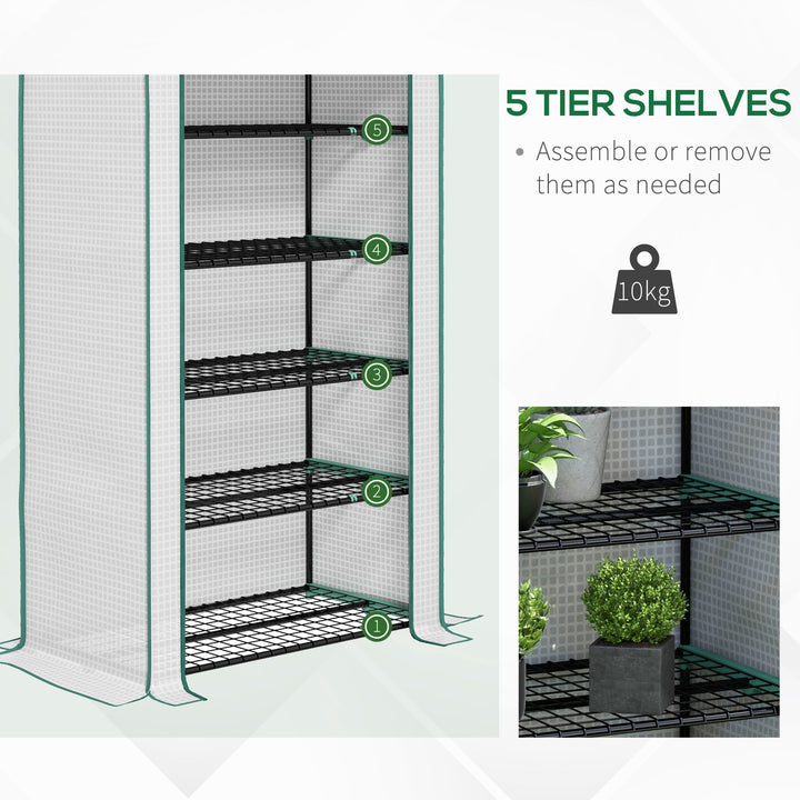 5 Tier Widened Mini Greenhouse with Reinforced PE Cover, Portable Indoor Outdoor Green House with Roll-up Door and Wire Shelves, 193H x 90W x 49Dcm, White
