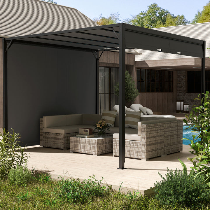 3 X 3 Meters Pergola with Retractable Roof, Garden Gazebo with Adjustable Sun Shade Canopy and Steel Frame, Charcoal Grey