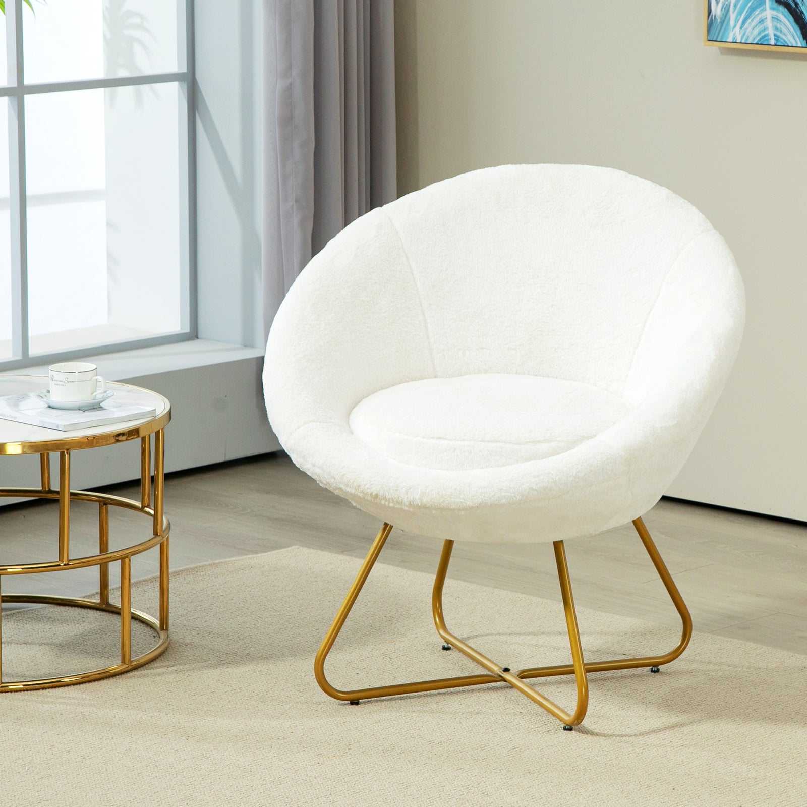 Faux Fur Accent Chair with Golden Metal Legs, Upholstered Comfy Tub Chair with Non-Slip Footpads, Seat Cushion for Bedroom, Living Room and Office, White