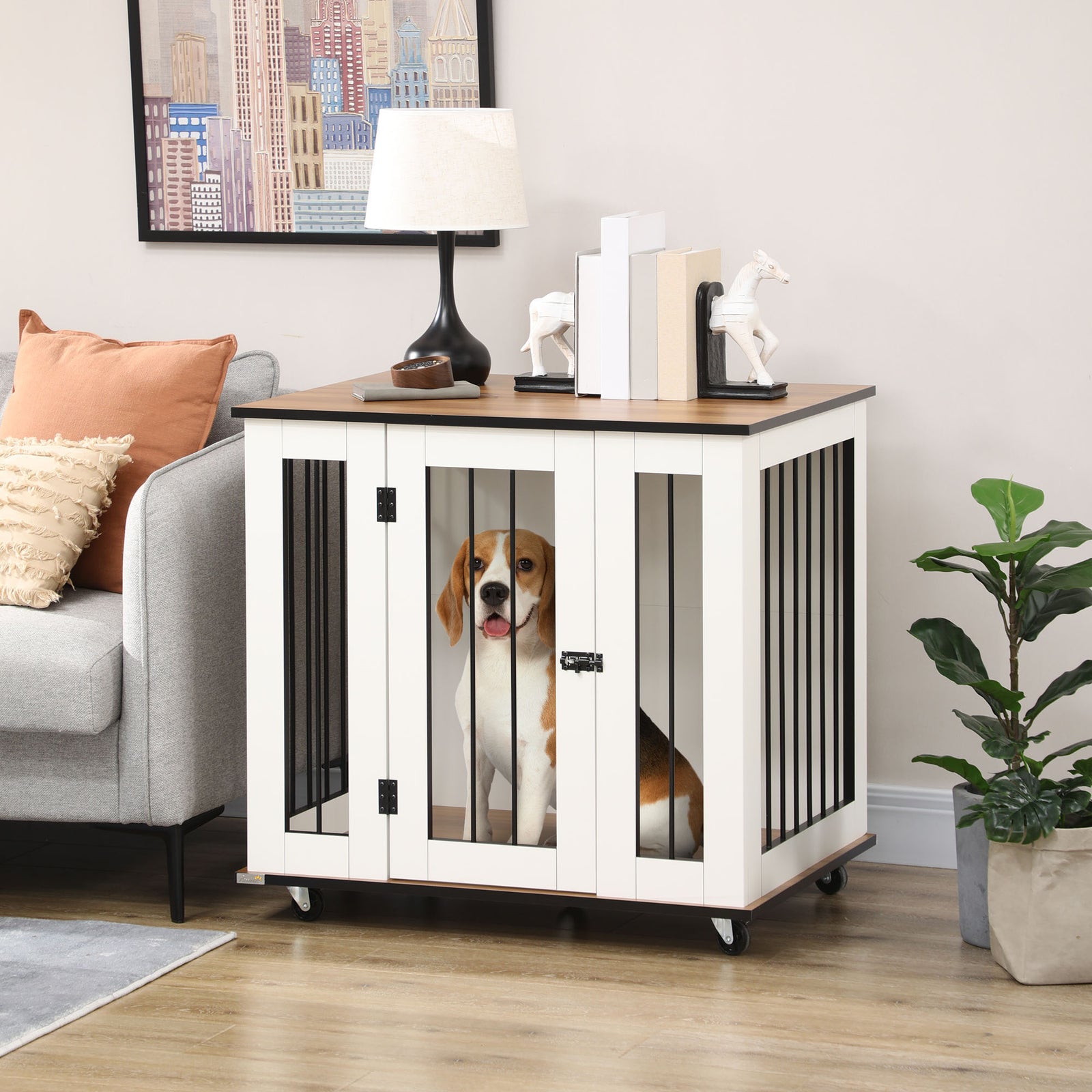 Dog Crate Furniture, Dog Cage End Table, with Wheels, for Medium Dogs, 80 x 60 x 76.5cm - White