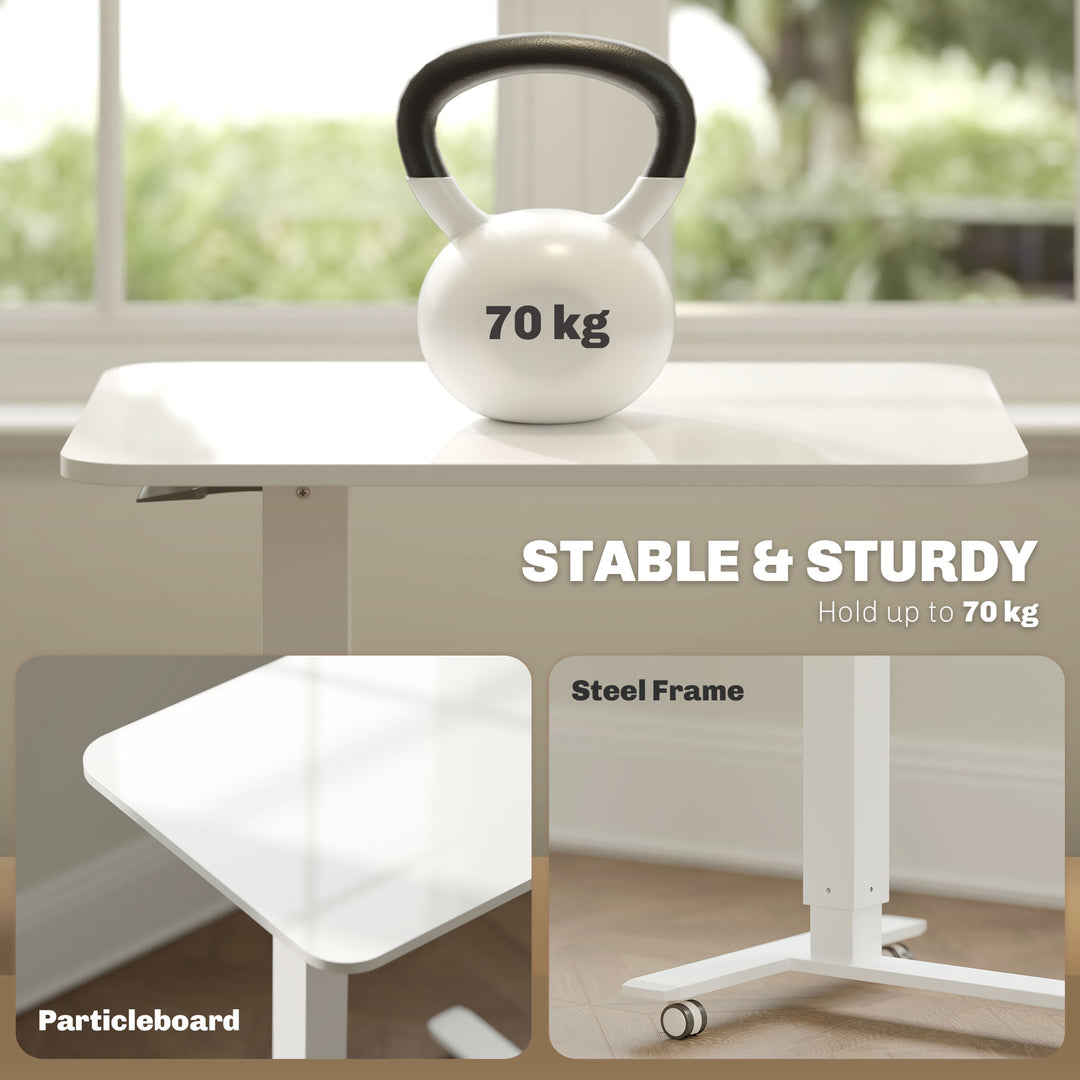 Height Adjustable Standing Desk, Pneumatic Sit Stand Desk for Laptop, Mobile Overbed Table with Wheels for Home Office, White