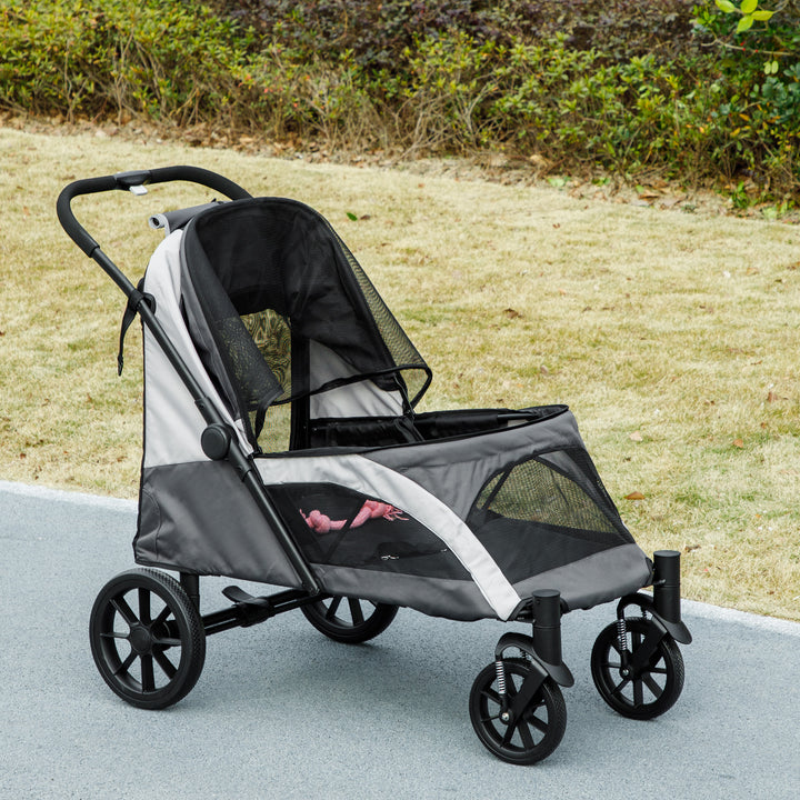 Foldable Pet Stroller for Large Dogs with 4 Big Wheels, Shock-Absorbing Frame, Safety Leashes, Brakes, Dark Grey