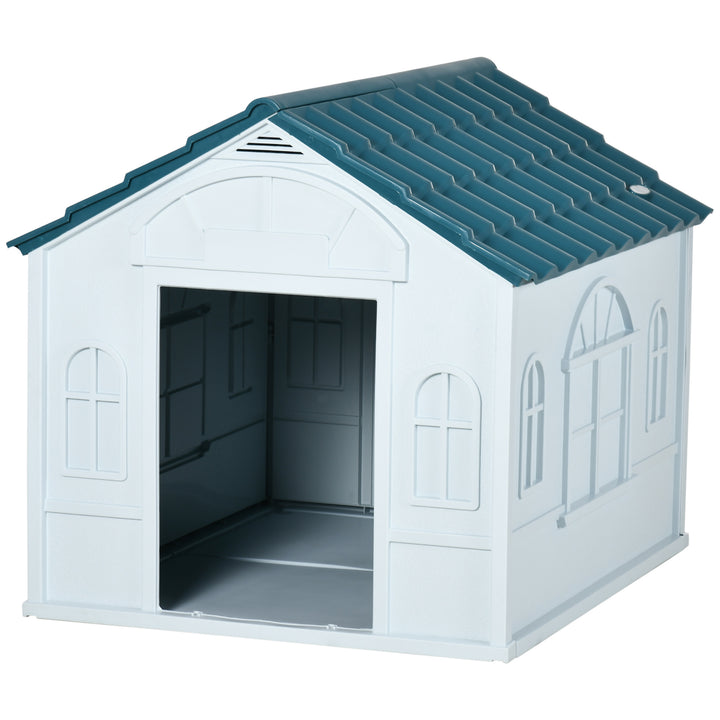 PawHut Weather-Resistant Dog House, Durable Plastic Kennel for Indoor and Outdoor Use, Large, White and Blue | Aosom UK