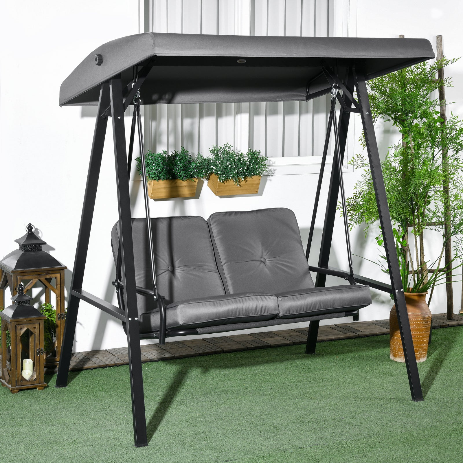 Two-Seater Garden Swing Bench, with Adjustable Canopy - Dark Grey