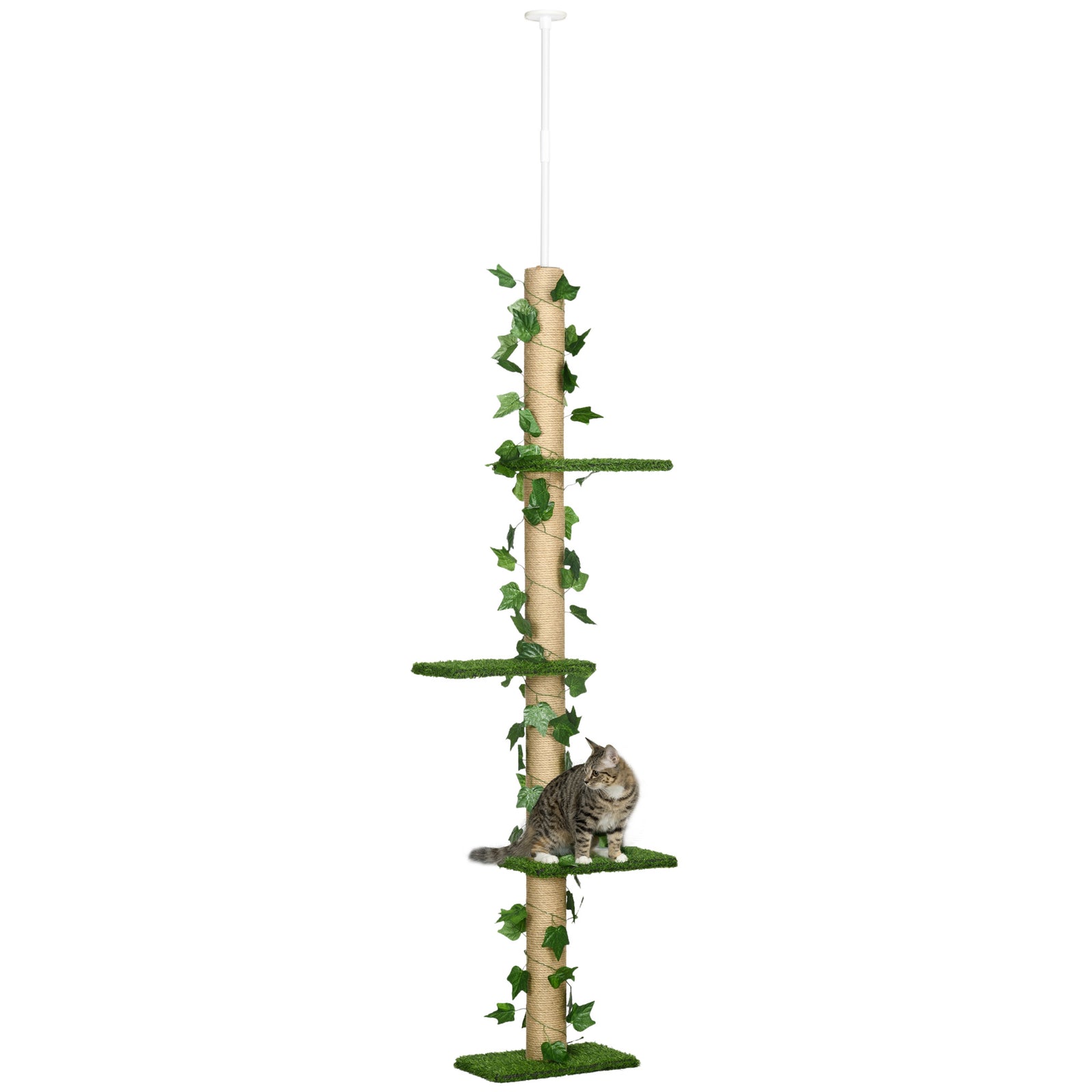 242cm Adjustable Floor-To-Ceiling Cat Tree, with Artificial Decoration, Perches, Anti-Slip Kit - Green