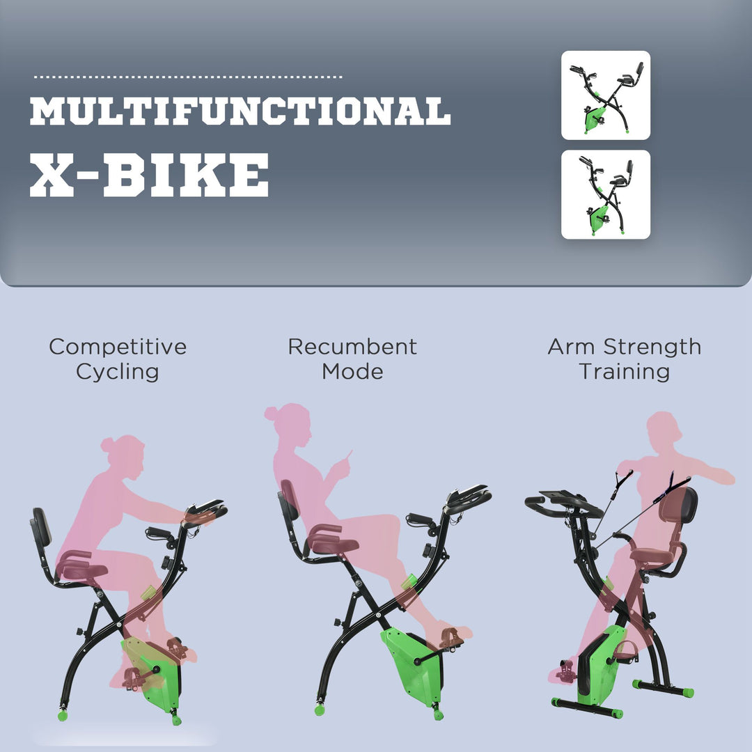 2-in-1 Folding Exercise Bike with 8-Level Magnetic Resistance, Arm Resistance Band, Pulse Sensor, Green