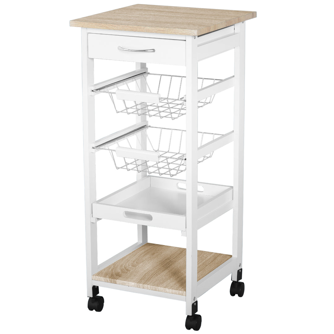 MCL Mobile Rolling Kitchen Island Trolley for Home w/ Metal Baskets Trays Shelves Wheels Compact Stylish Storage White