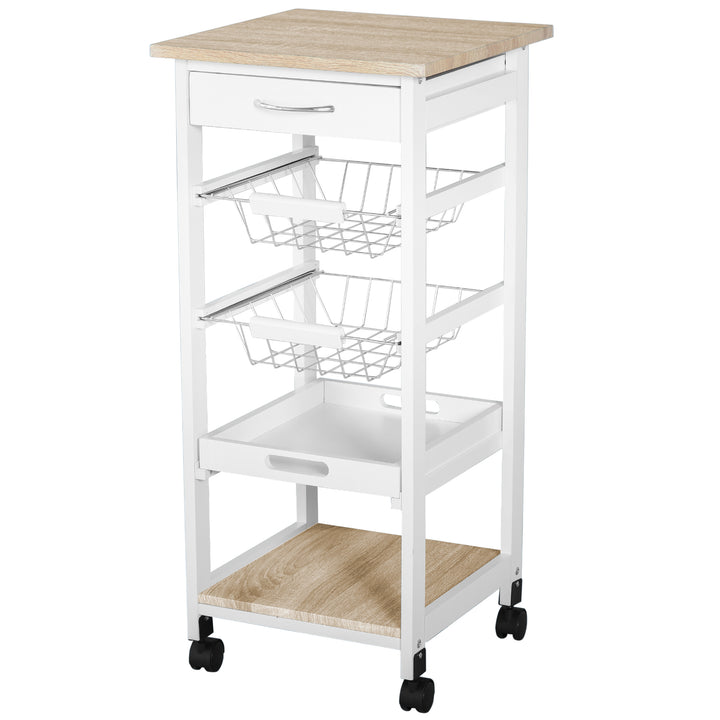 MCL Mobile Rolling Kitchen Island Trolley for Home w/ Metal Baskets Trays Shelves Wheels Compact Stylish Storage White