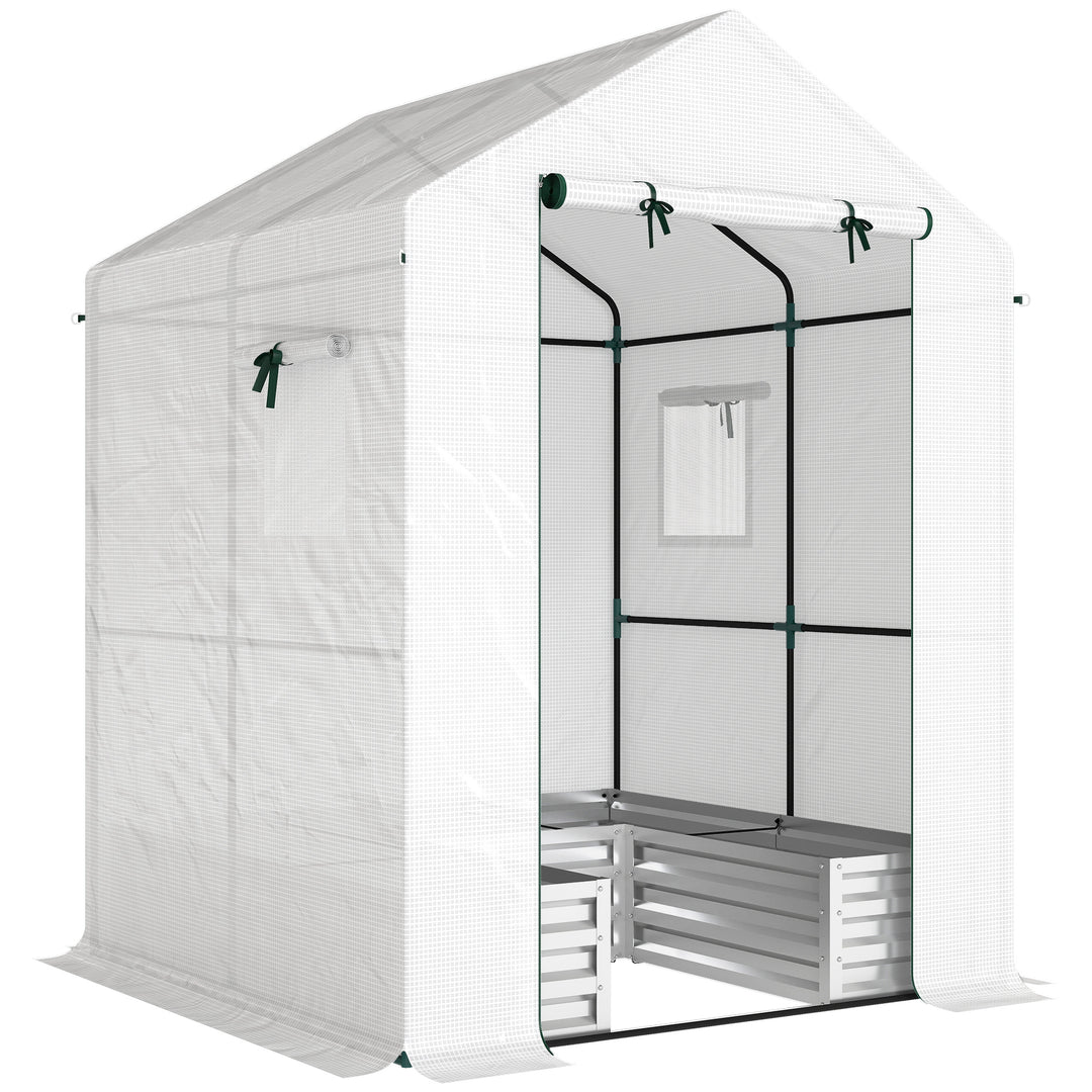 Small Greenhouse with Raised Garden Bed, Galvanised Walk-in Greenhouse with Roll Up Windows, 141 x 141 x 190 cm