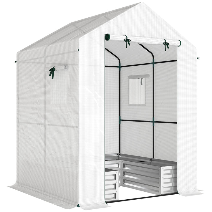 Small Greenhouse with Raised Garden Bed, Galvanised Walk-in Greenhouse with Roll Up Windows, 141 x 141 x 190 cm