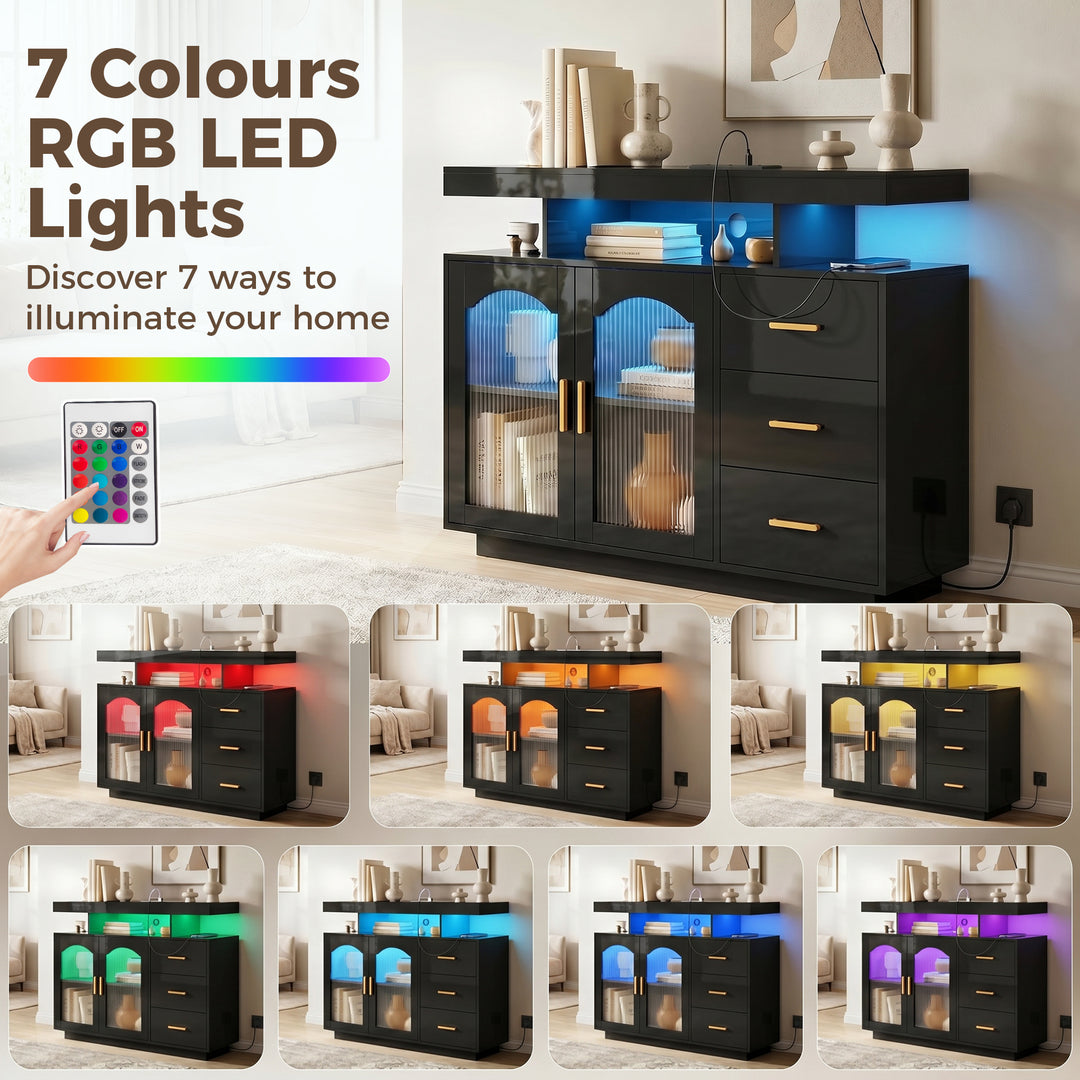 High Gloss Sideboard with LED Lights, Built-in Power Outlets, 3 Drawer