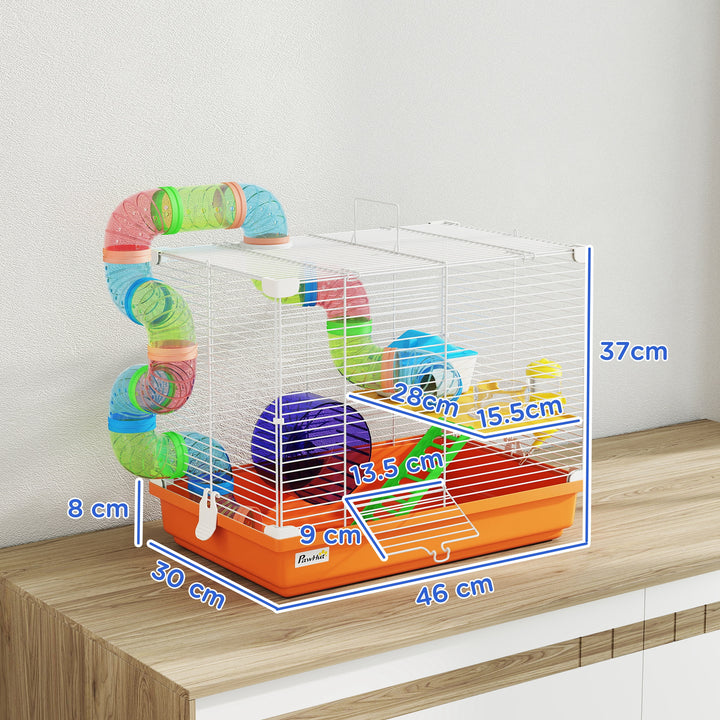 2 Tier Hamster Cage, Gerbil Cage with Handle, Exercise Wheels, Tunnel,