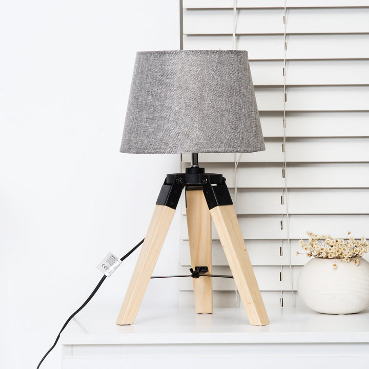 HOMCOM Wooden Tripod Table Lamp for Side, Desk or End Table with E27 Bulb Base（Grey Shade）