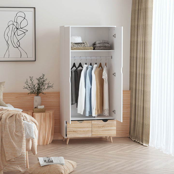 2-Door Clothes Wardrobe w/ Rail Shelf 2 Drawers Wood Feet Elegant Home Storage Organisation Furniture Dresses Coats Blankets Shoes White